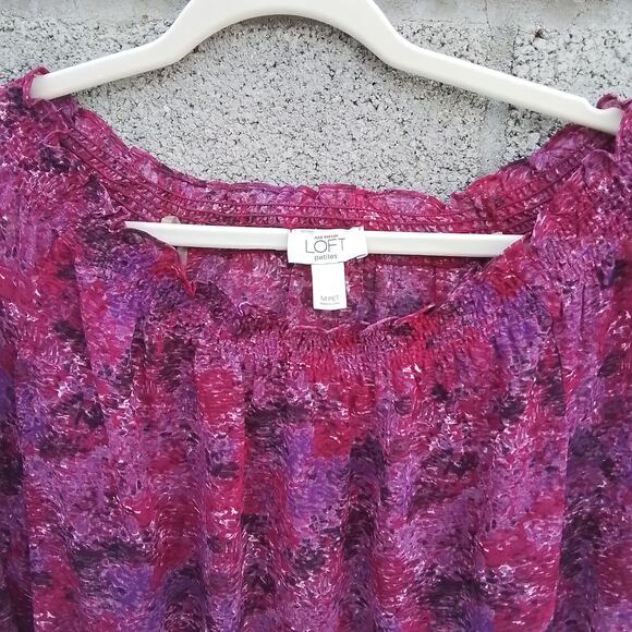 LOFT Blouse Size SP Pink Boho Off the Shoulder Semi‎ Sheer Floral Smocked Hem - Picture 2 of 7
